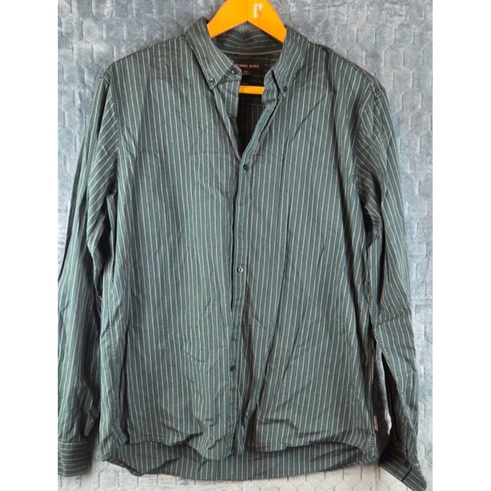 Michael Kors Men's‎ XXL Green Gold Striped Long Sleeve Button Up Shirt Slim-Fit